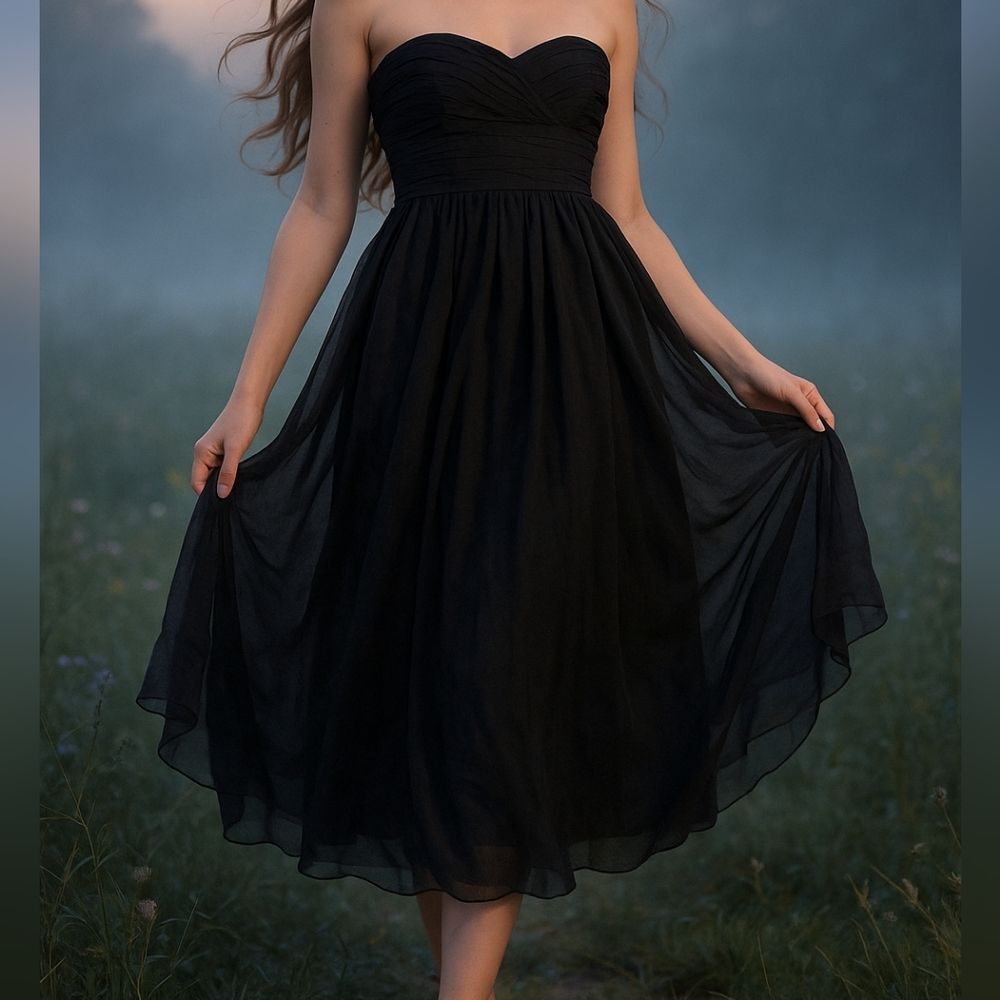 Party Dress Black Strapless Chiffon Midi 6P Ruched Bodice Ethereal Line